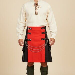 Black Utility Kilt with Removable Chains & Red Apron  Gothic Punk Men’s